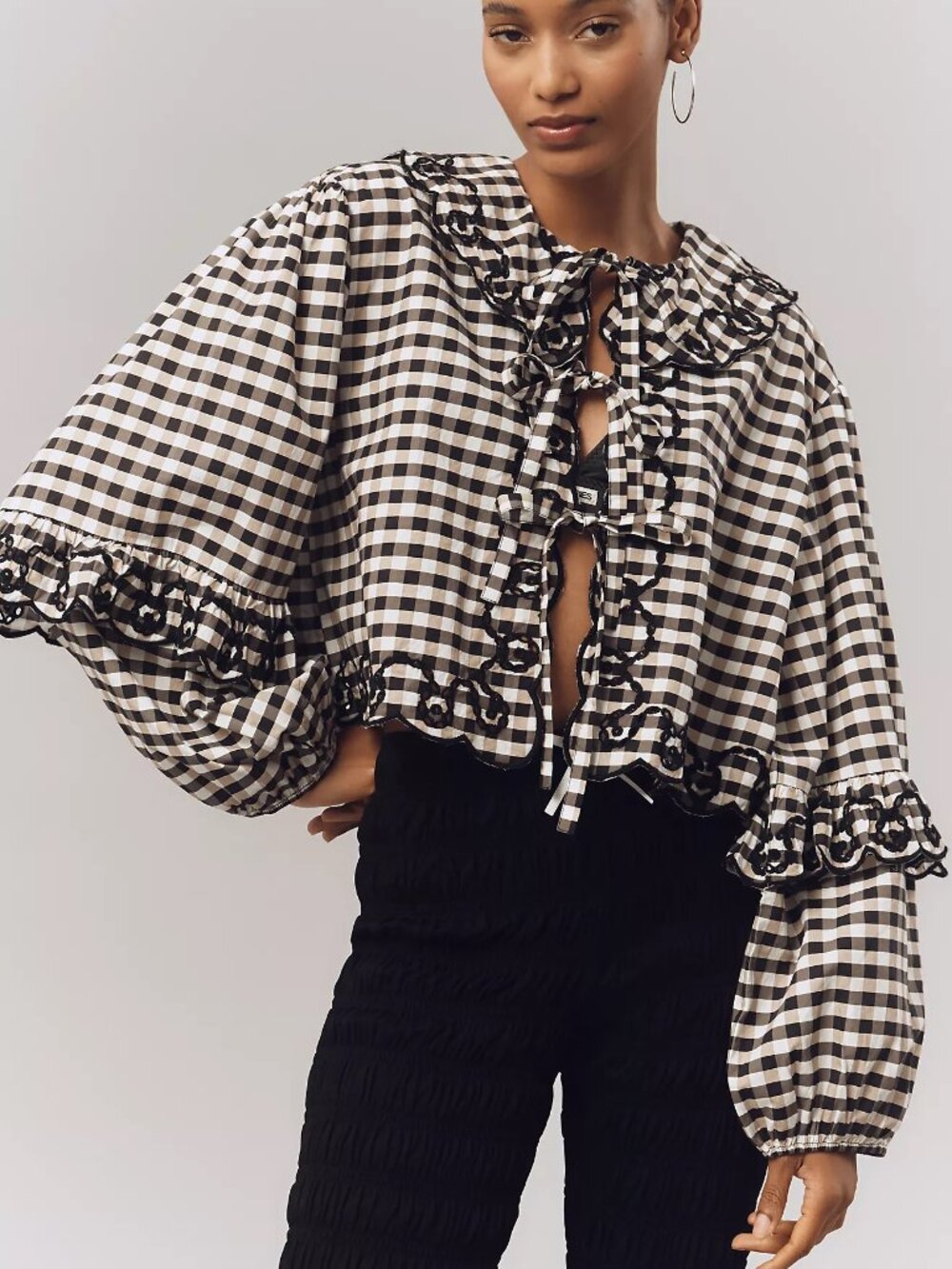 Anthropologie Maeve Scallop Tie-Front Gingham Blouse